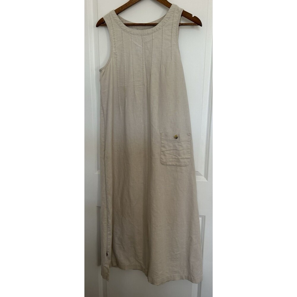 Vintage Linen Blend Midi Dress Womens Medium Neutral Beige Minimalist Relaxed Fi - Picture 2 of 12